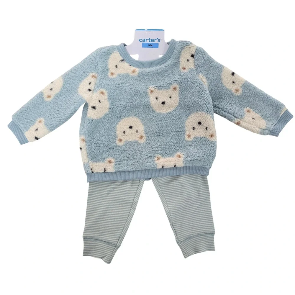 Carters Baby 9M 2pc‎ Cozy Set Blue Sherpa Polar Bear Pullover Striped Pants NEW